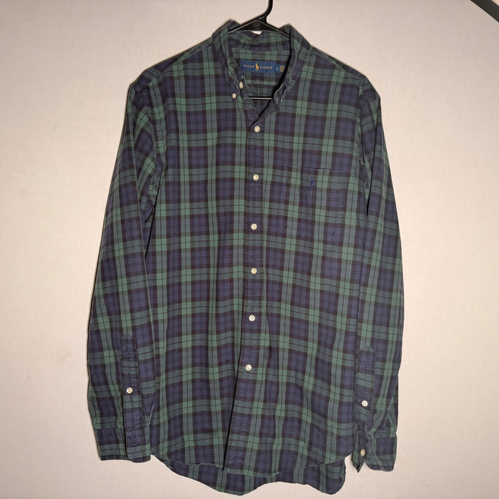 Ralph Lauren Button Shirt Mens LG Green Navy Black Watch Tartan Oxford Preppy